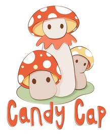 Candy Cap logo with three mushroom friends with orange caps and white spots, designed by Wilhound Studios